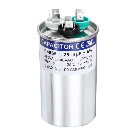 Uxcell 25+3 MFD CBB65 Run Start Capacitor 25+3 uF, 370/440V Round AC Capacitor for AC Motor Run, HVAC, Air Conditioner, Condenser Motors