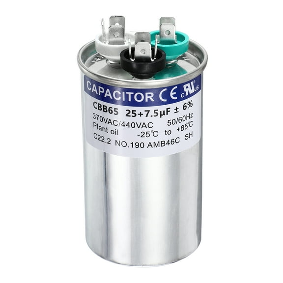 Uxcell 25+7.5 MFD CBB65 Run Start Capacitor 25+7.5 uF, 370/440V Round AC Capacitor for AC Motor Run, HVAC, Air Conditioner, Condenser Motors