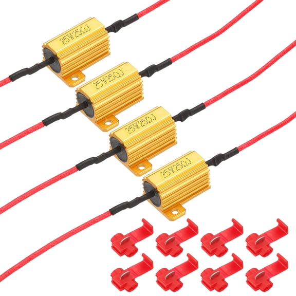 Uxcell 25 Ohm Load Resistors, 25W Aluminum Shell LED Load Resistors Tolerance 5% with Clips for Fix LED Bulb Flash Flickering Turn Signal Blink Error Code(Gold, Pack of 4)