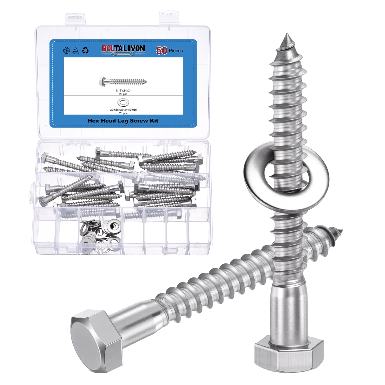 Uxcell 25 Pcs Hex Head Lag Screws - 5/16"x2-1/2" Stainless Steel 18-8 (304) Lag Bolts Hexagon Head Heavy Duty Wood Screws with Flat Washers for Wood, Decks, Fences, Furniture, Silver