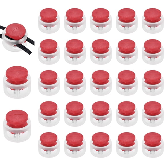 Uxcell 25 Pcs Plastic Spring Cord Lock, Double-Hole Slider Toggles Clip End Stopper Round  Fastener, Transparent + Red