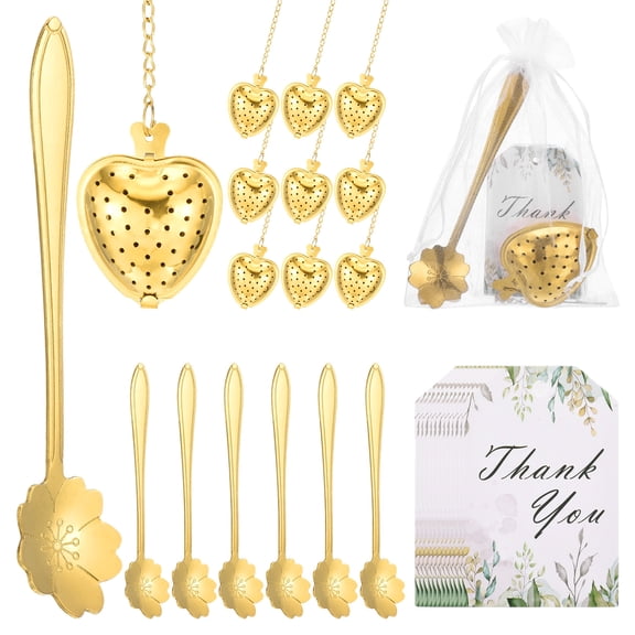 Uxcell 25 Set Bridal Shower Tea Party Favor for Cherry Blossom Spoon Heart Shape Infuser Ball with Thank You, Card Mesh Bag,for Wedding Souvenir Gift, Tea Accessories, Return Gift,Gold