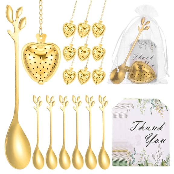 Uxcell 25 Set Bridal Shower Tea Party Favor for Leaf Spoon Heart Shape Infuser Ball with Thank You, Card Mesh Bag,for Wedding Souvenir Gift, Tea Accessories, Return Gift,Gold