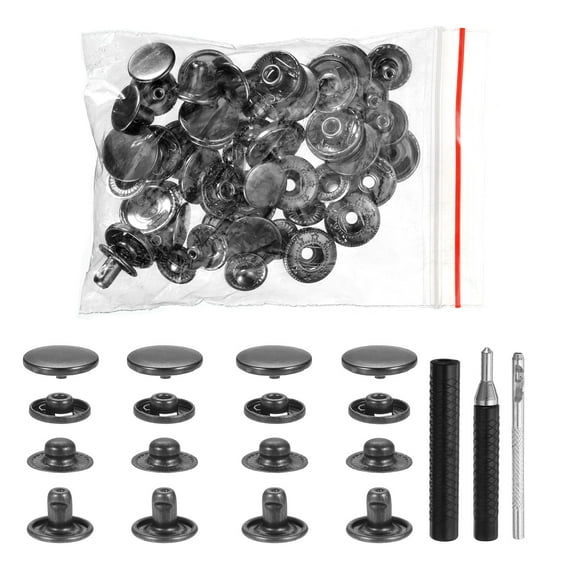 Uxcell 25 Set Leather Snap Fasteners Kit 15mm Metal Button Snaps Press Studs Leather Rivets Snaps with 3 Setter Tools, Gun-Black