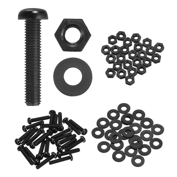 Uxcell 25 Set M5x25mm Nylon Plastic Cross Round Head Screw Phillips Bolts Hex Nuts Flat Washers Assortment Kit, Metric Full Thread Bolt Fasteners for DIY Machine Assembly, Black