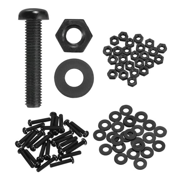 Uxcell 25 Set M5x25mm Nylon Plastic Cross Round Head Screw Phillips Bolts Hex Nuts Flat Washers Assortment Kit, Metric Full Thread Bolt Fasteners for DIY Machine Assembly, Black