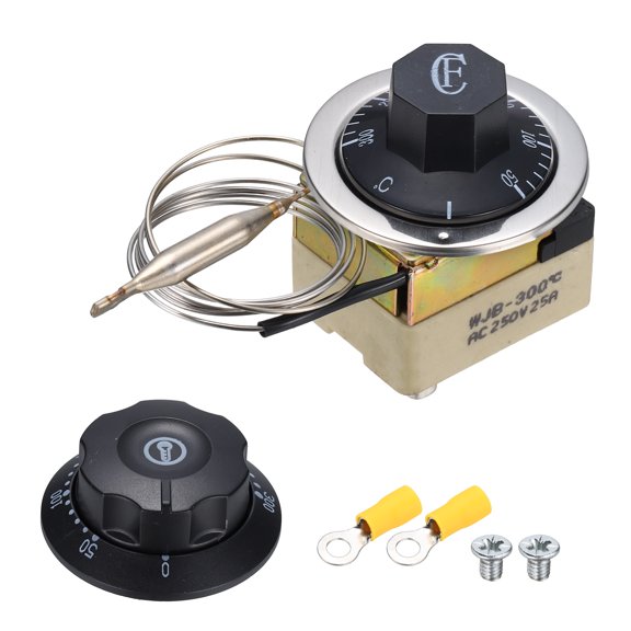 Uxcell 250V 25A 50-300C Temperature Control Switch Capillary Thermostat, Liquid Expansion Thermostat with 6 Screws 2 Terminals 0.7m/27.6" Capillary for Oven Fryer Industrial Heater Refrigerator