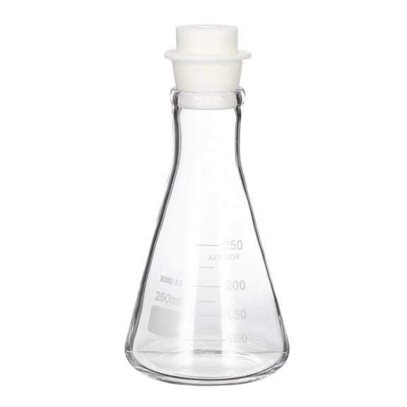 Uxcell 250ml 8.5oz Narrow Mouth Erlenmeyer Flask, 3.3 Borosilicate Glass Conical Flask with Sand Core Silicone Stopper Graduated Flasks Printed Scale for Laboratory, Clear
