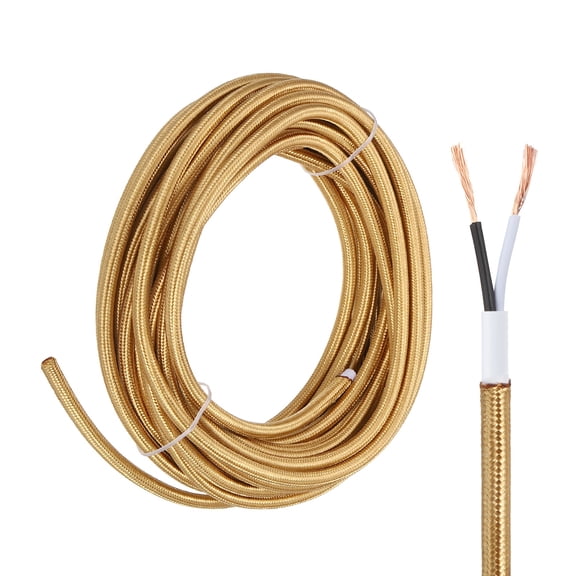 Uxcell 25Ft Cloth Covered Lamp Wire, UL Listed 18AWG 2 Conductor Fabric Vintage Industrial Cord, 300V SVT Braided Electrical Wire for DIY Lamp Parts Lighting Project, Light Gold