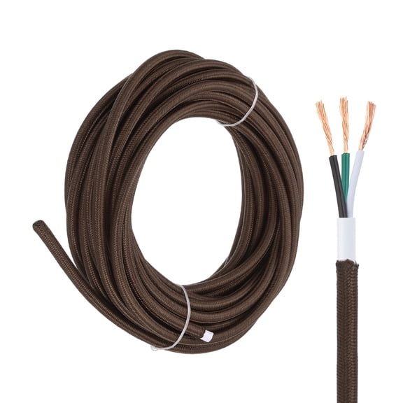 Uxcell 25Ft Cloth Covered Lamp Wire, UL Listed 18AWG 3 Conductor Fabric Vintage Industrial Cord, 300V SVT Braided Electrical Wire for DIY Lamp Parts Lighting Project, Dark Brown