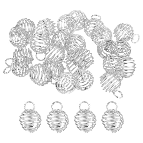 Uxcell 25Pack Spiral Bead Cages Pendants, 8x9mm Stone Holder Necklace Hollow Cage Pendants for Crafting, Silver White