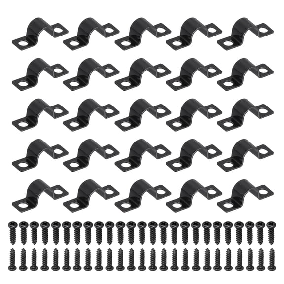 Uxcell 25Pcs 10mm(3/8") Two Hole Pipe Strap, Rigid U Brackets Conduit Clamp Heavy Duty Carbon Steel Pipe Strap Clip with Self-Tapping Screws for Fixing Tube Cable Wire Cord, Black