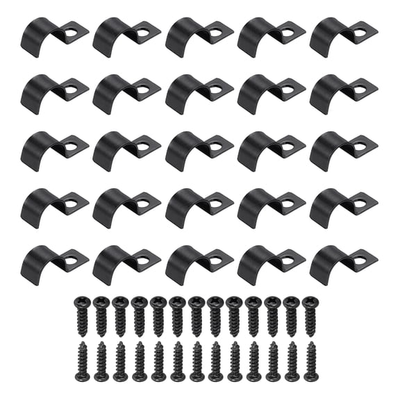 Uxcell 25Pcs 12mm(1/2") One Hole Pipe Strap, Rigid U Brackets Conduit Clamp Heavy Duty Carbon Steel Pipe Strap Clip with Self-Tapping Screws for Fixing Tube Cable Wire Cord, Black