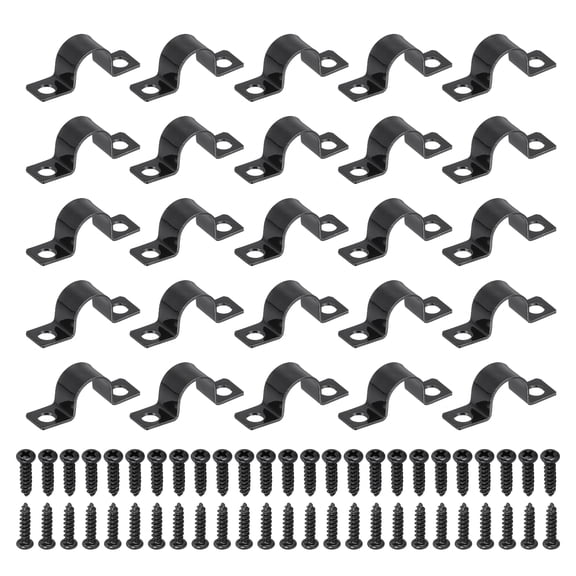 Uxcell 25Pcs 12mm(1/2") Two Hole Pipe Strap, Rigid U Brackets Conduit Clamp Heavy Duty Carbon Steel Pipe Strap Clip with Self-Tapping Screws for Fixing Tube Cable Wire Cord, Black