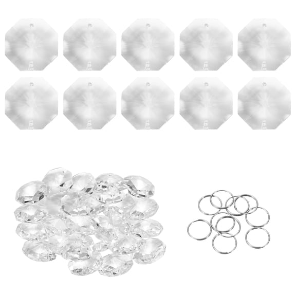 Uxcell 25Pcs 2 Hole Crystal Octagon Beads, 28mm K9 Glass Hanging Chandelier Bead Prisms Part with Stainless Steel Ring for Crystal Chandelier Lamp Pendant Jewelry, Clear