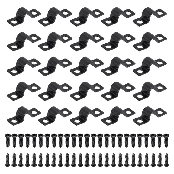 Uxcell 25Pcs 8mm(5/16") Two Hole Pipe Strap, Rigid U Brackets Conduit Clamp Heavy Duty Carbon Steel Pipe Strap Clip with Self-Tapping Screws for Fixing Tube Cable Wire Cord, Black