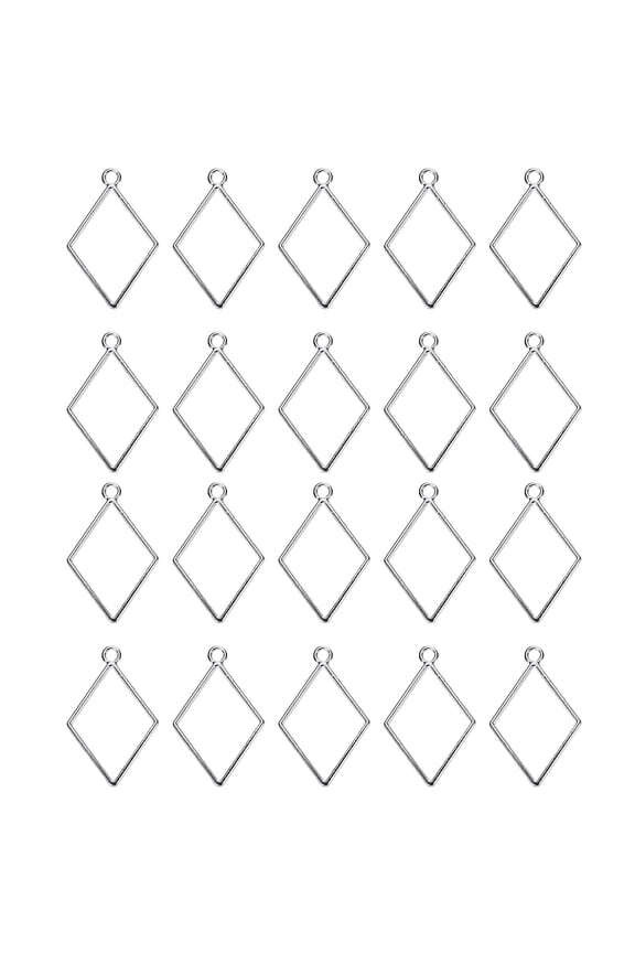 25Pcs Alloy Open Bezel Pendants, Diamond Shape Hollow Frame Pendant, Silver Tone