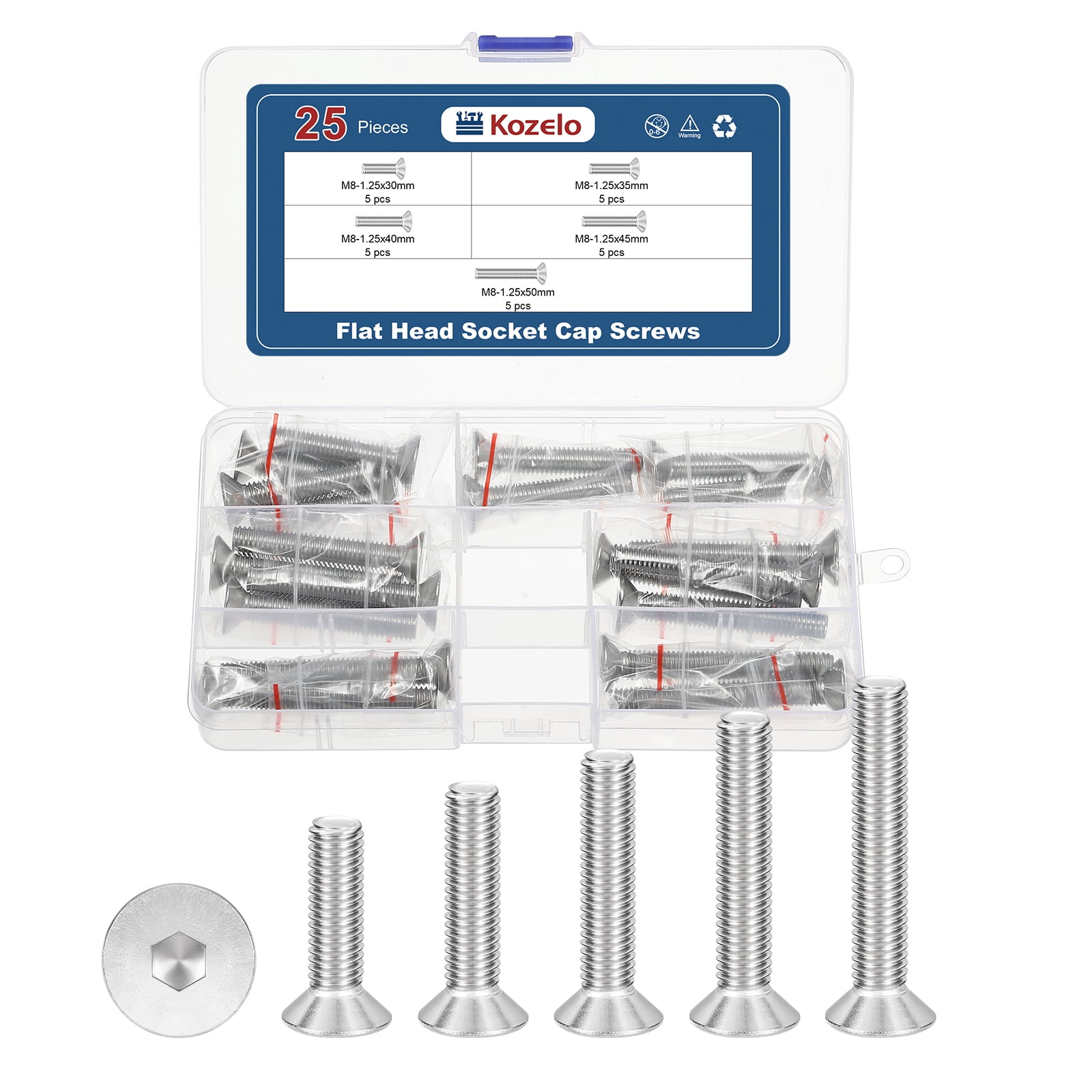 Uxcell 25Pcs Flat Socket Cap Screws - [M8x1.25x30/35/40/45/50], 304 Stainless Steel 18-8 Countersunk Bolt, Silver, for Automotive, Furniture Repair, Industrial Equipment Fixes