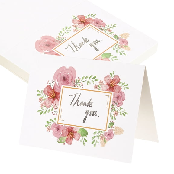 Uxcell 25Pcs Thank You Cards, 3.7"x5.5" Floral Folded Blank Cardstock, Thank You Notes for Greeting Cards Wedding Graduation Birthday DIY Craft Invitations, Pink Wreath Style
