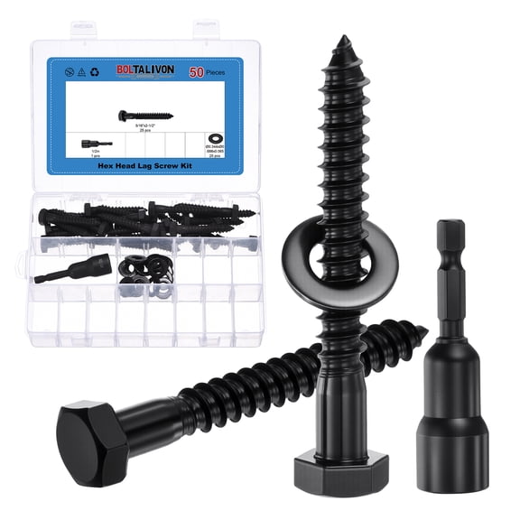 Uxcell 25Set Hex Head Lag Screw - 5/16"x2-1/2" Stainless Steel 18-8 (304) Lag Bolt Hexagon Head Heavy Duty Wood Screw Kit with Washer & Driver Bit for Wood, Deck, Fence, Furniture, Black