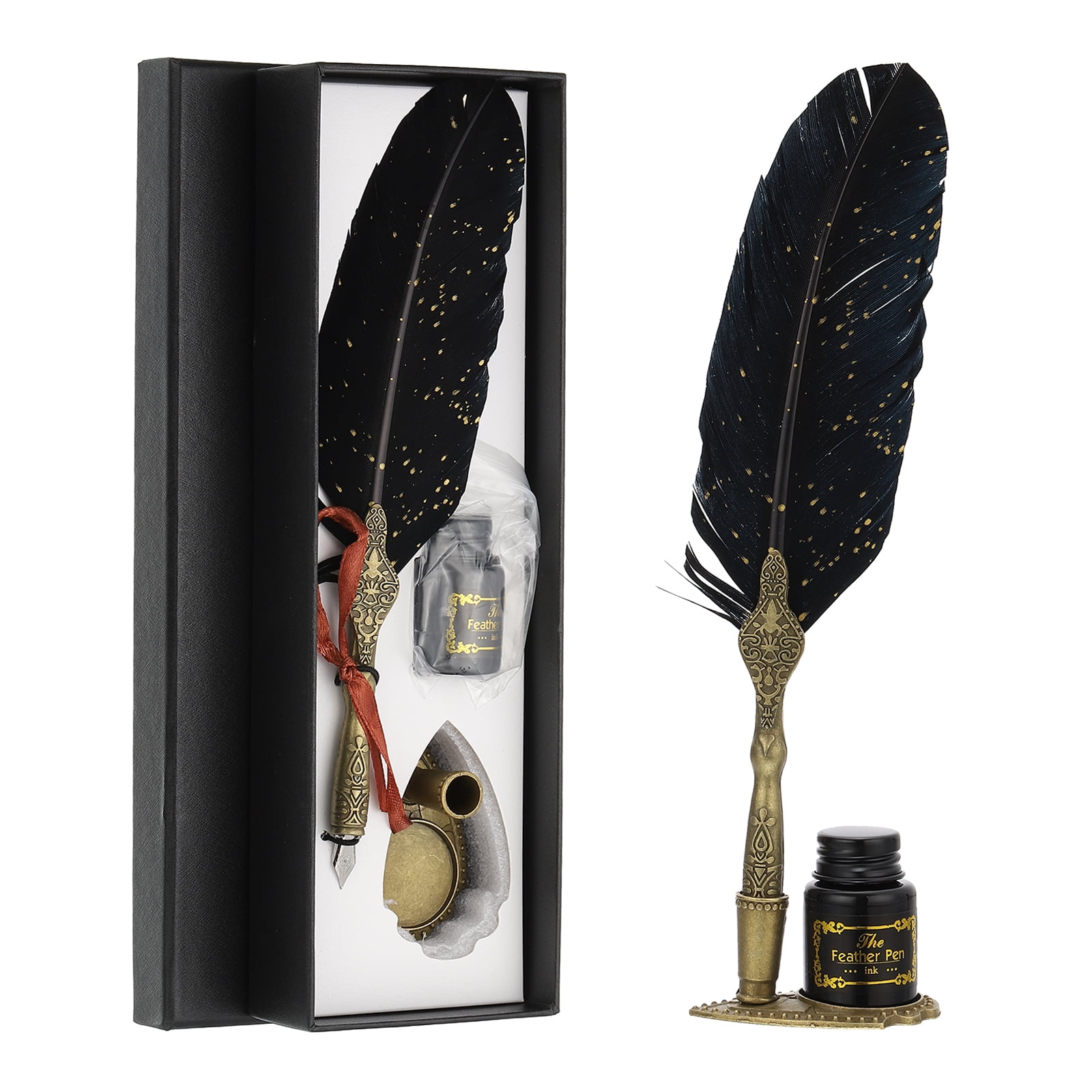 Uxcell 25cm/10" Feather Pen Set with Ink Set 2 Replacement Nibs Stand Base, Black