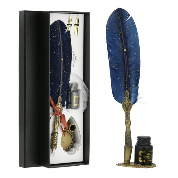 Uxcell 25cm/10" Feather Pen Set with Ink Set 2 Replacement Nibs Stand Base, Navy Blue