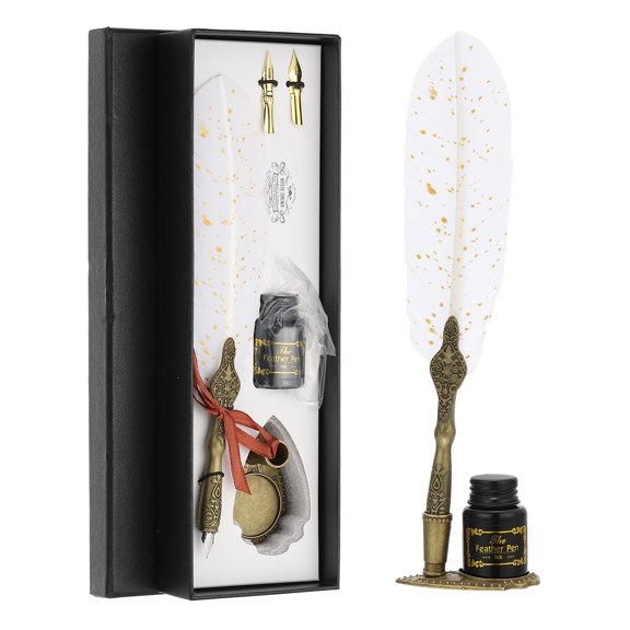 Uxcell 25cm/10" Feather Pen Set with Ink Set 2 Replacement Nibs Stand Base, White
