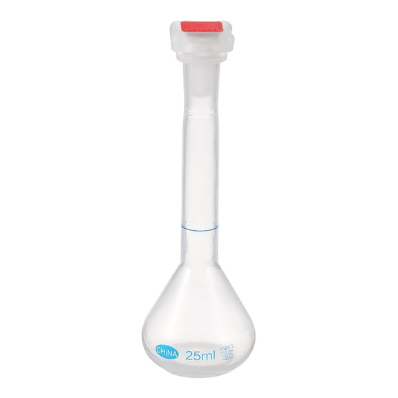 Uxcell 25ml Volumetric Flask, Polypropylene Graduated Volumetric Measuring Flask with Red Plug Cap Tolerance 0.3ml for Laboratory Science Experiment, Clear