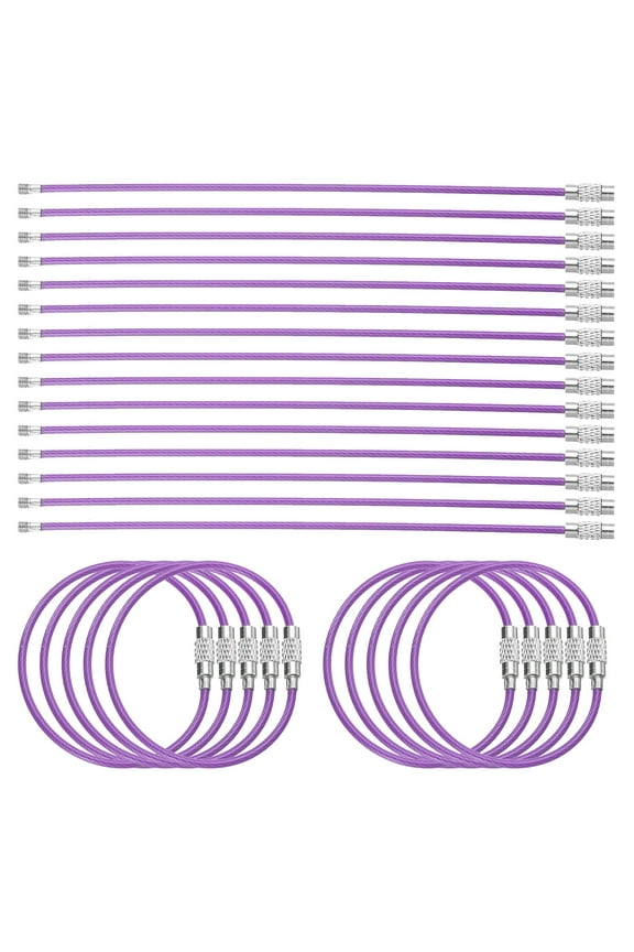 25pcs Wire Keychain Cable 6" Plastic Coated 2mm Stainless Steel Key Ring Cable Loop Rings Purple