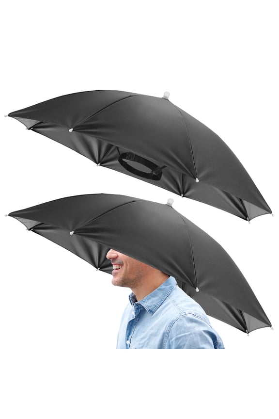 26" Headband Umbrella Hat [2 Pcs] - Hands Free Foldable Umbrella Cap Sun Hat Use for Fishing & Gardening & Hiking & Camping [Black]
