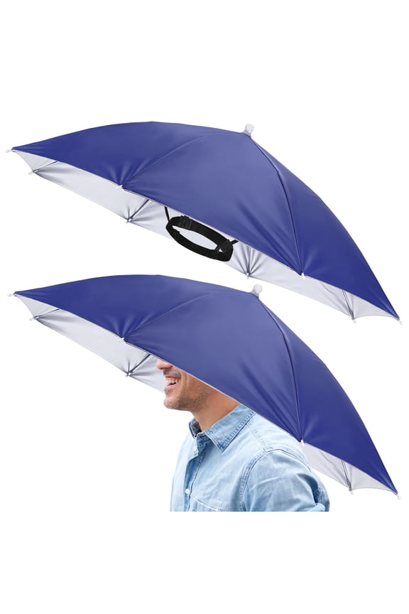 26" Headband Umbrella Hat [2 Pcs] - Hands Free Foldable Umbrella Cap Sun Hat Use for Fishing & Gardening & Hiking & Camping [Navy Blue]