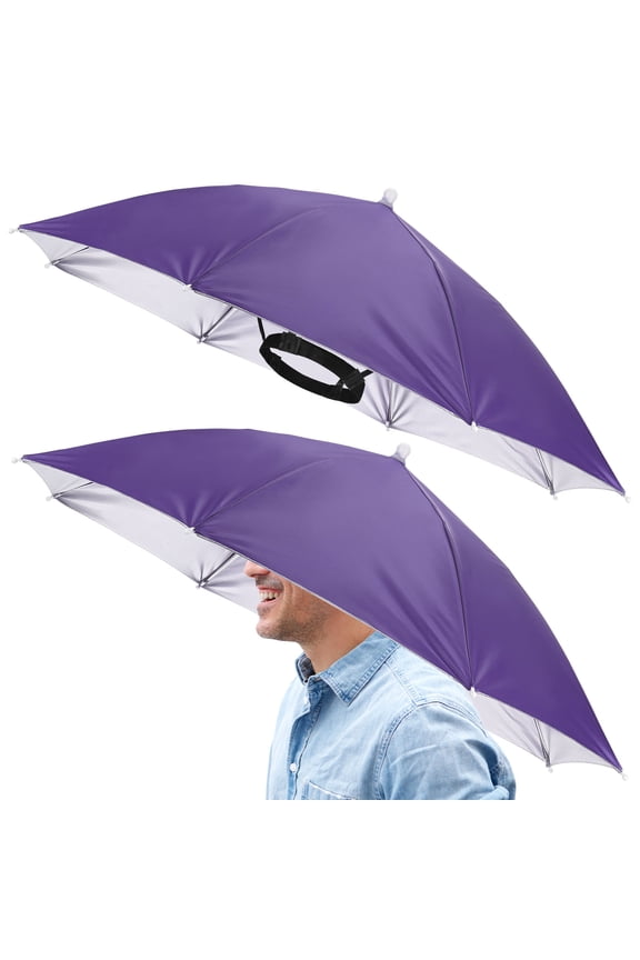 26" Headband Umbrella Hat [2 Pcs] - Hands Free Foldable Umbrella Cap Sun Hat Use for Fishing & Gardening & Hiking & Camping [Purple]