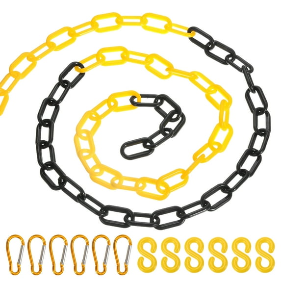 Uxcell 26Ft Plastic Chain Barrier, Safety Link Chain Stanchion with 6 S-Hooks and 6 Clips, Black Yellow