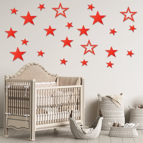 Uxcell 26Pcs Stars Acrylic Mirror Wall Stickers, 3D Mirror Sticker Removable Self-Adhesive Wall Decals for DIY Art Mural Home Bedroom Living Room Office Bathroom Wedding, Red