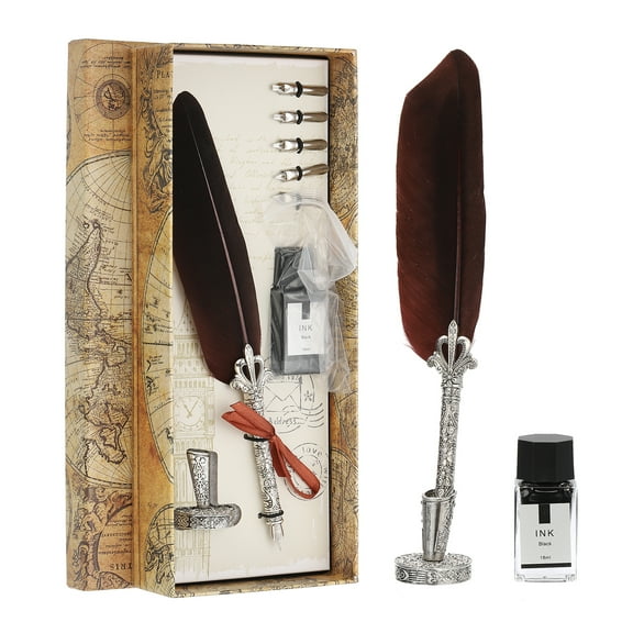 Uxcell 26cm/11" Carved Feather Pen Set, Quill Pen with Ink Set 5 Replacement Nibs Stand Base for Calligraphy,  Brown