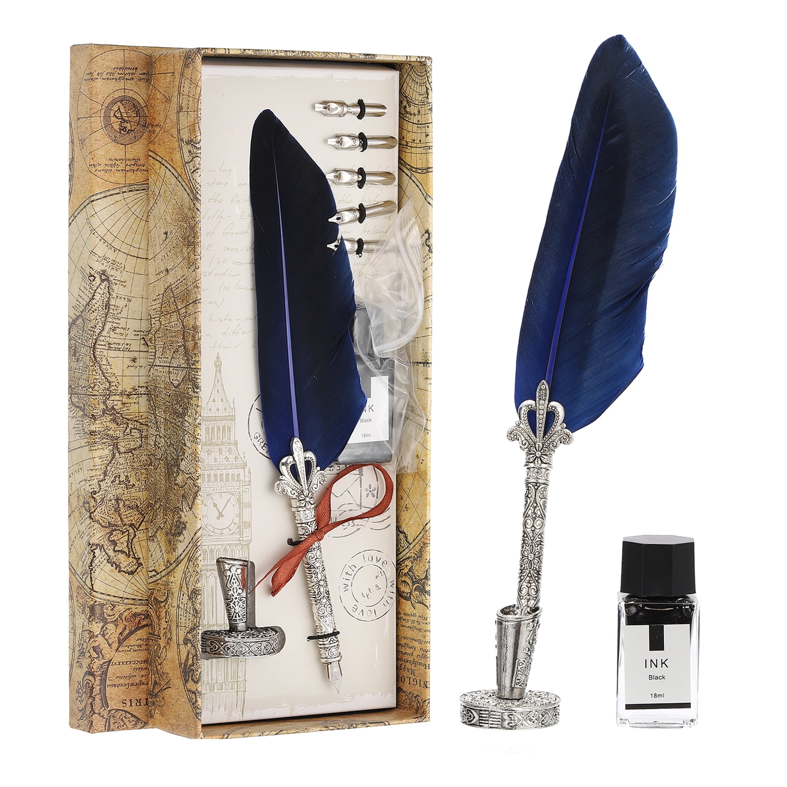 Uxcell 26cm/11" Carved Feather Pen Set, Quill Pen with Ink Set 5 Replacement Nibs Stand Base for Calligraphy,  Dark Blue