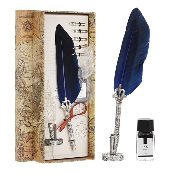 Uxcell 26cm/11" Carved Feather Pen Set, Quill Pen with Ink Set 5 Replacement Nibs Stand Base for Calligraphy,  Dark Blue