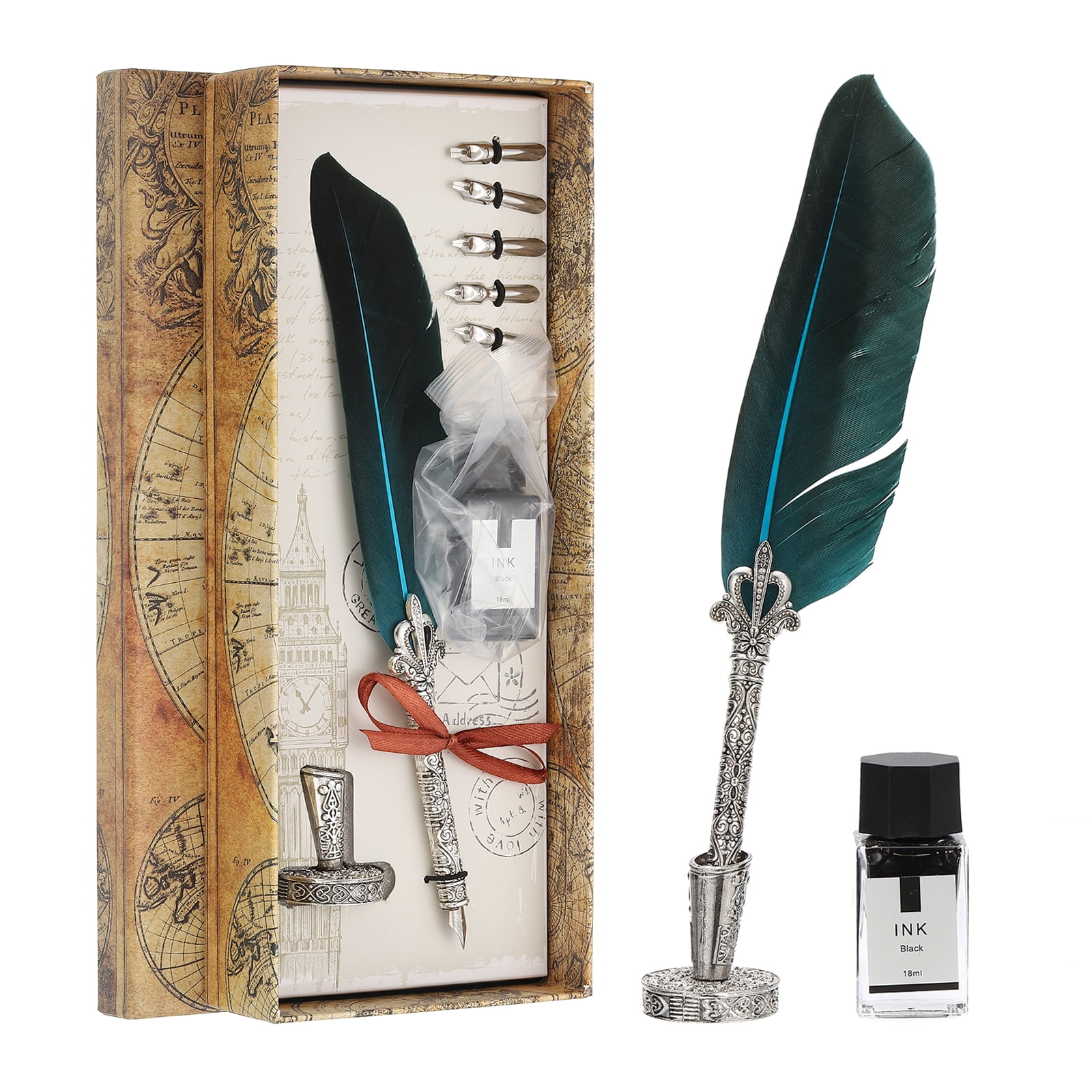 Uxcell 26cm/11" Carved Feather Pen Set, Quill Pen with Ink Set 5 Replacement Nibs Stand Base for Calligraphy,  Lake Blue
