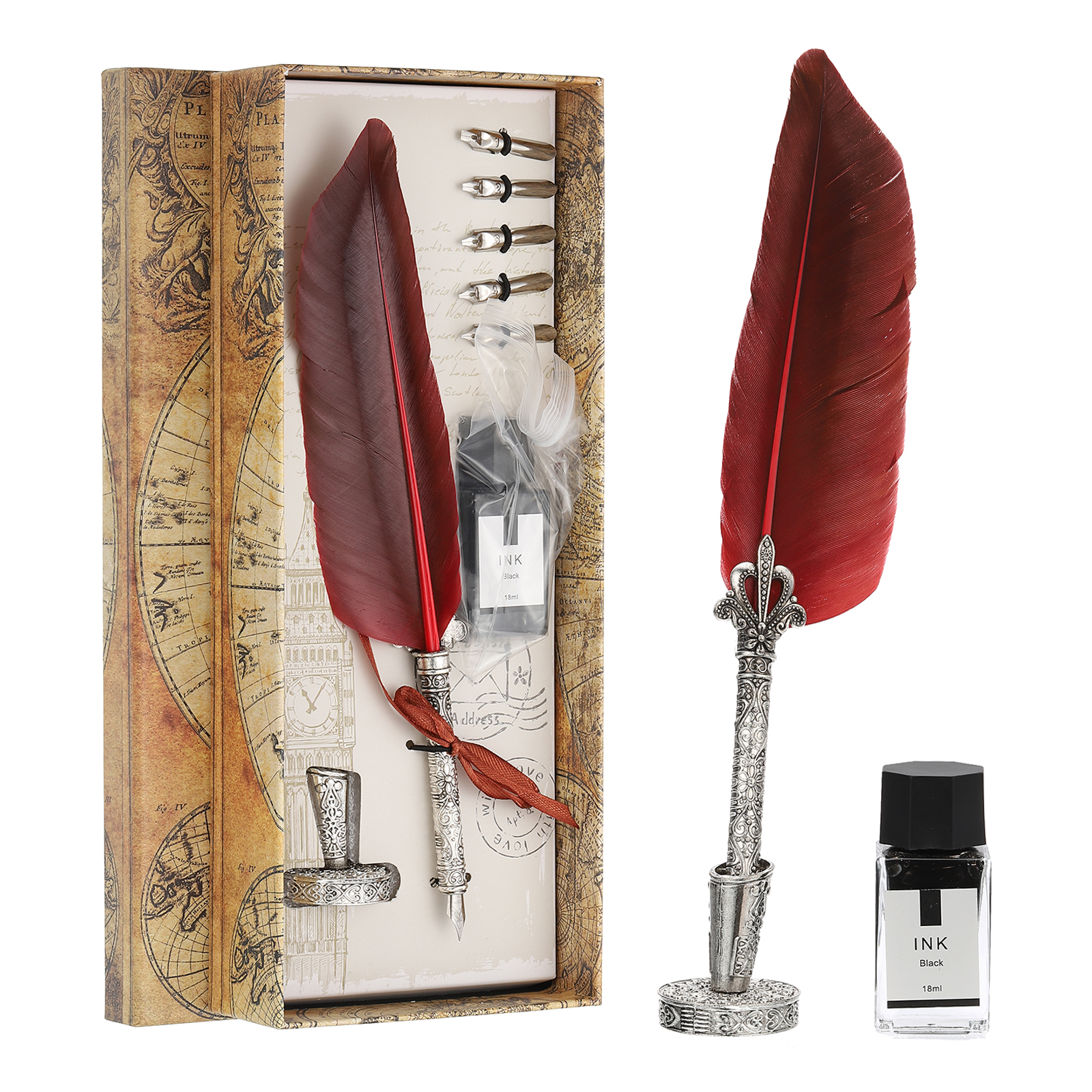 Uxcell 26cm/11" Carved Feather Pen Set, Quill Pen with Ink Set 5 Replacement Nibs Stand Base for Calligraphy,  Red