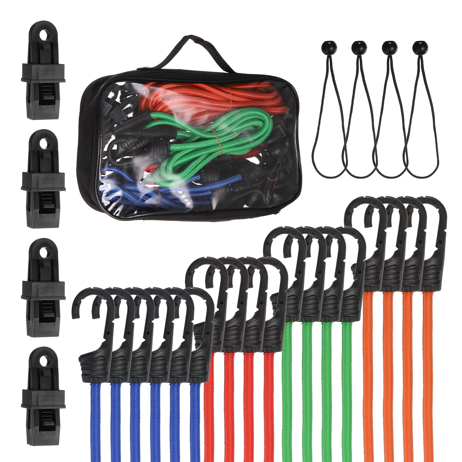 Uxcell 26pcs Bungee Cord with Hooks 18", 24", 32", 48" (4) Tarp Clips (4) Ball Bungee Rubber Bungee Cords