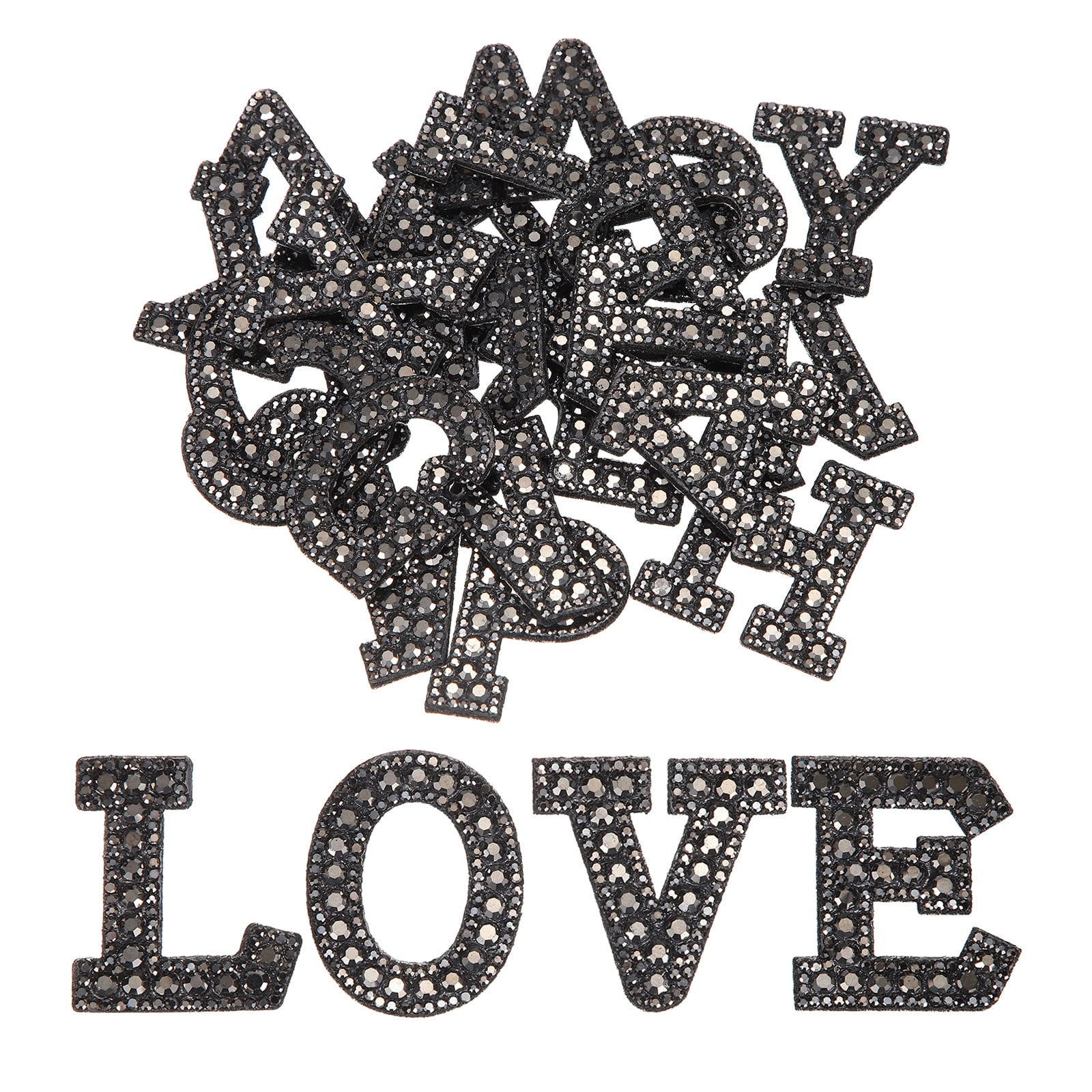 Uxcell 26pcs Letter Iron on Patch Decorative A-Z, Dark Black Glitter Pearl Alphabet Applique Rhinestone English Letter for DIY Clothing Repair Hat Bag