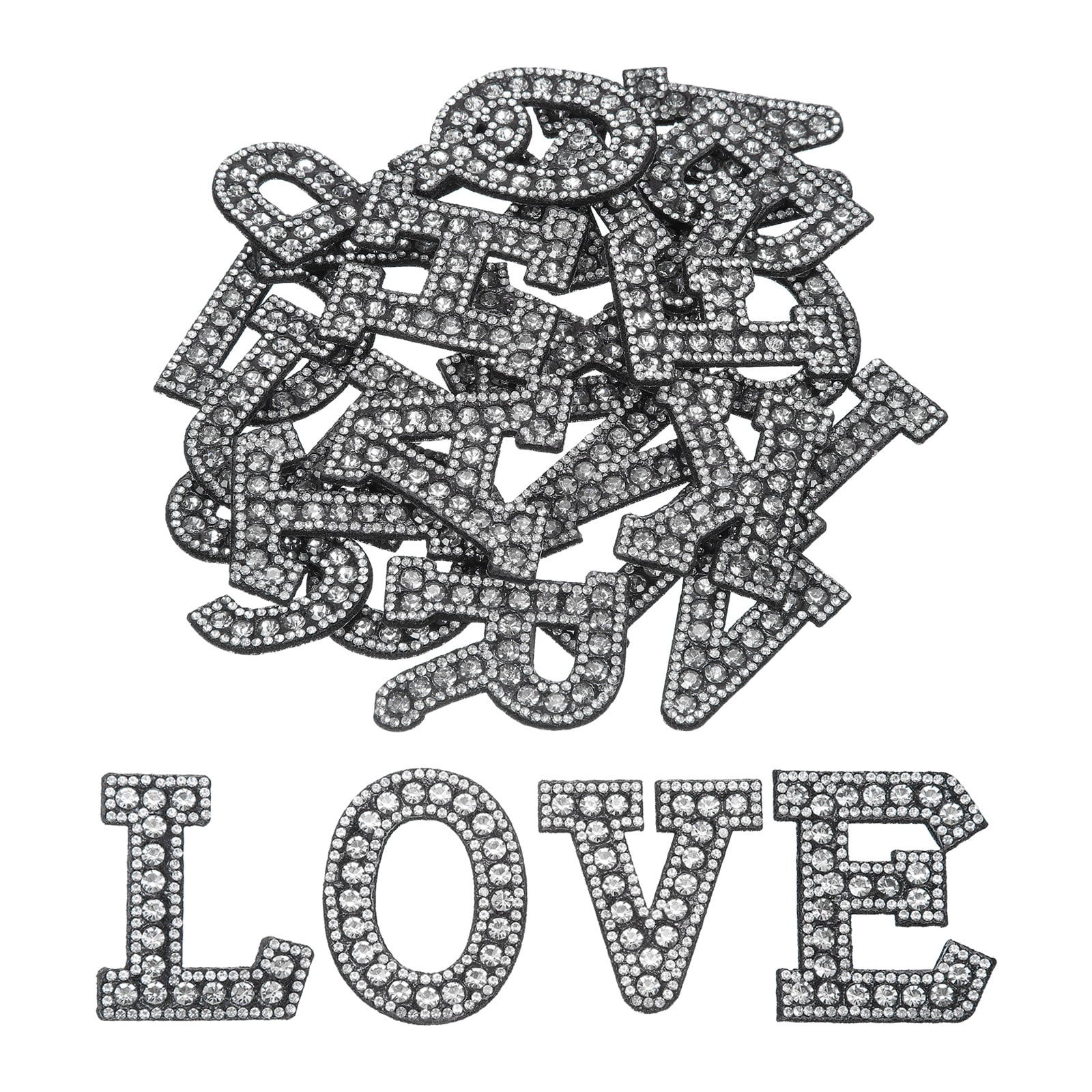 Uxcell 26pcs Letter Iron on Patch Decorative A-Z, Transparent Black Glitter Pearl Alphabet Applique Rhinestone English Letter for DIY Clothing Repair Hat Bag