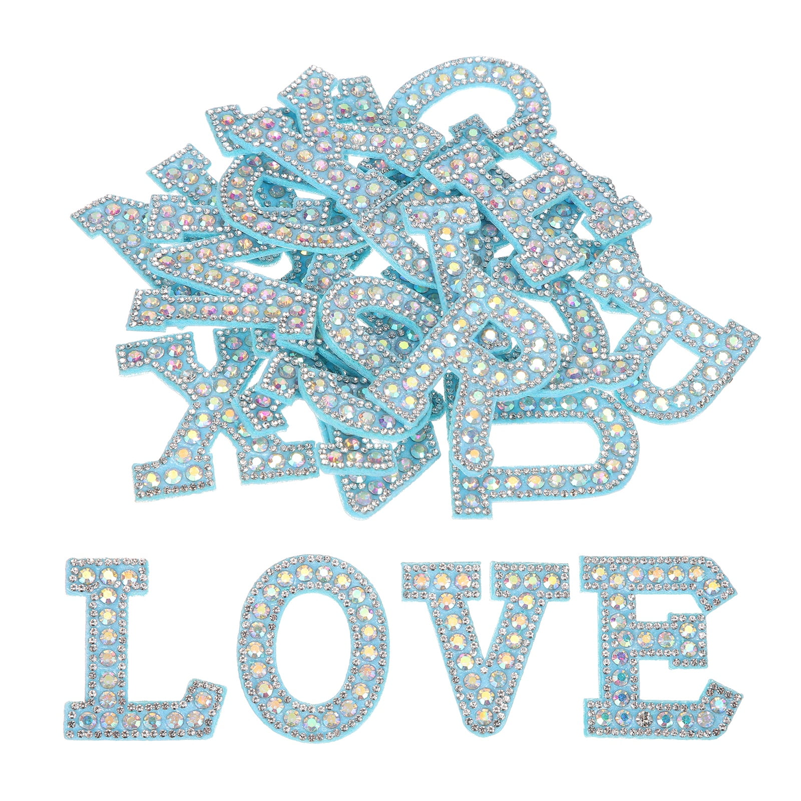 Uxcell 26pcs Letter Iron on Patch Decorative A-Z, Blue Glitter Pearl Alphabet Applique Rhinestone English Letter for DIY Clothing Repair Hat Bag