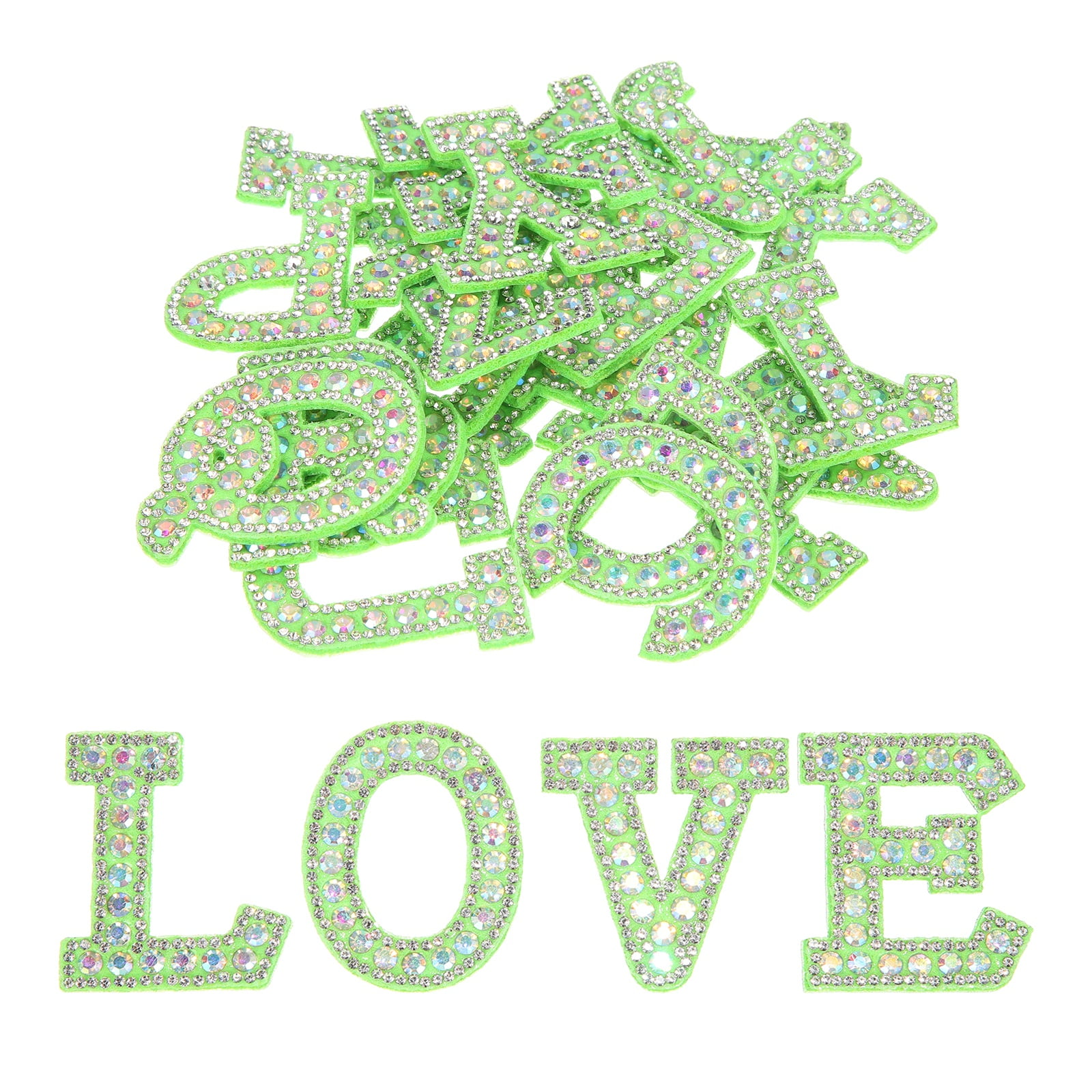 Uxcell 26pcs Letter Iron on Patch Decorative A-Z, Green Glitter Pearl Alphabet Applique Rhinestone English Letter for DIY Clothing Repair Hat Bag