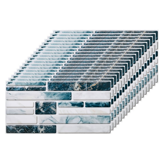 Uxcell 27 Sheets Peel and Stick Tiles, 7.87"x3.94"x0.02" for Kitchen Wall Stairs, Blue and White Marble Pattern