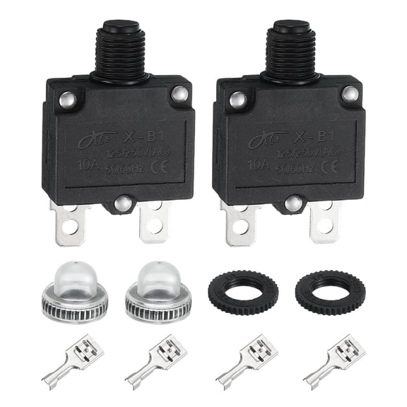 Uxcell 2PCS 10A Thermal Circuit Breakers, 125/250V AC,32V DC Manual Reset Push Button Overload Protector Circuit Breaker with Waterproof Button Caps Quick Connector Terminals