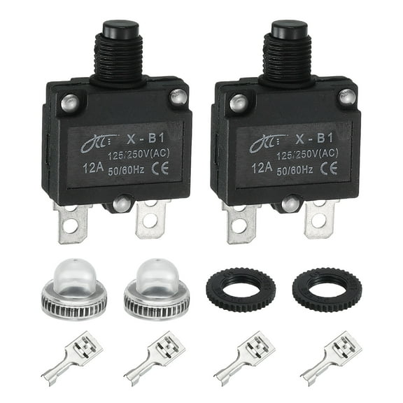 Uxcell 2PCS 12A Thermal Circuit Breakers, 125/250V AC,32V DC Manual Reset Push Button Overload Protector Circuit Breaker with Waterproof Button Caps Quick Connector Terminals