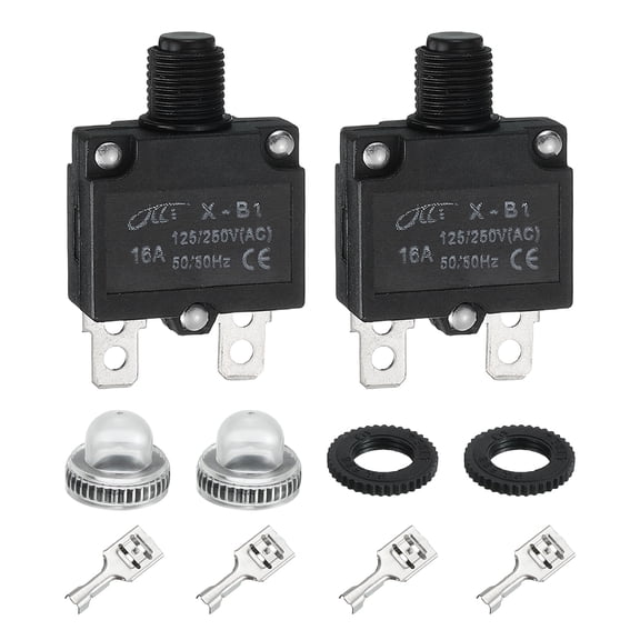 Uxcell 2PCS 16A Thermal Circuit Breakers, 125/250V AC,32V DC Manual Reset Push Button Overload Protector Circuit Breaker with Waterproof Button Caps Quick Connector Terminals