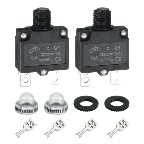 Uxcell 2PCS 18A Thermal Circuit Breakers, 125/250V AC,32V DC Manual Reset Push Button Overload Protector Circuit Breaker with Waterproof Button Caps Quick Connector Terminals