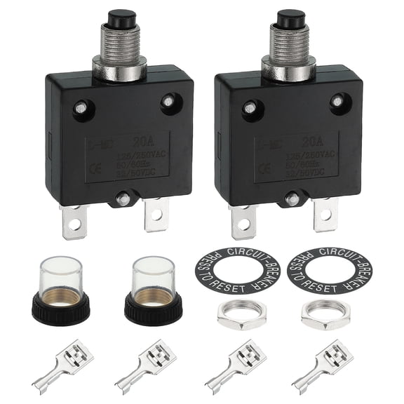 Uxcell 2PCS 20A Thermal Circuit Breakers, 125/250V AC,32/50V DC Manual Reset Push Button Overload Protector Circuit Breaker with Waterproof Button Caps Quick Connector Terminals
